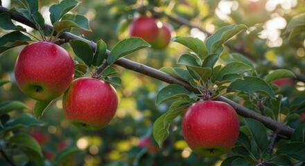 Obraz premium Ripe red apples hanging on a branch in natural light, bokeh background