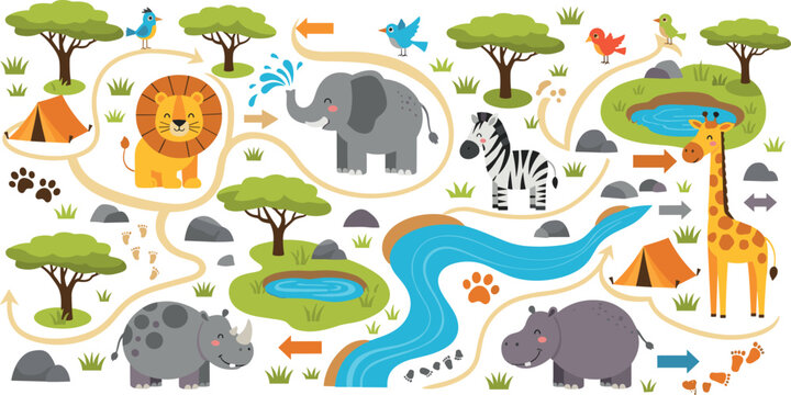 African safari animals map vector illustration with lion, elephant, giraffe, zebra, hippo, rhino, river, trees and adventure trail