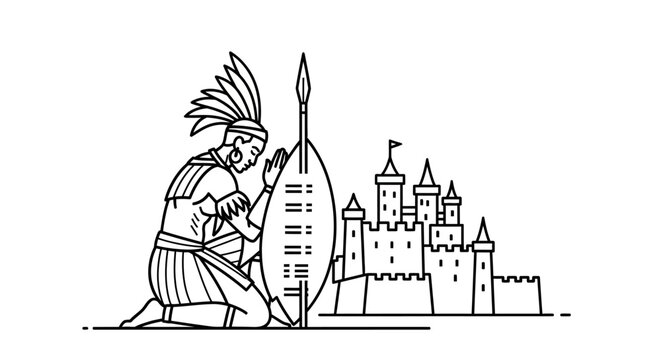 Warrior Kneeling Before Castle, African Culture and European Architecture