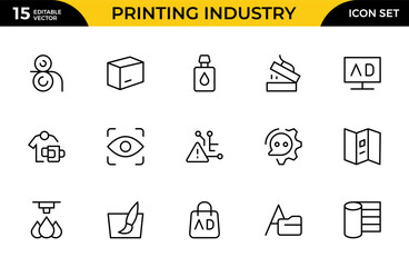 Fototapeta premium Printing Industry Line Icon Set for Print Shop, Offset Printing, Packaging, Publishing and Graphic Production Outline Vector Collection