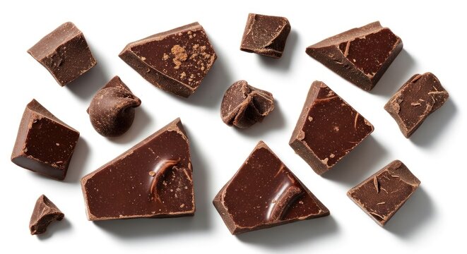 Scattered, broken pieces of dark, rich confectionary on white