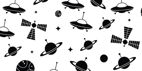 Black and white space pattern with UFO planets satellites and stars minimalist seamless vector illustration © Mousumi