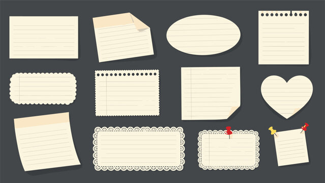 Large collection of blank paper notes in various shapes and textures with lines and push pins against a dark grey background.