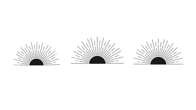 Three stylized black icons of a rising sun on the horizon with long radiating rays for nature and logo design.
