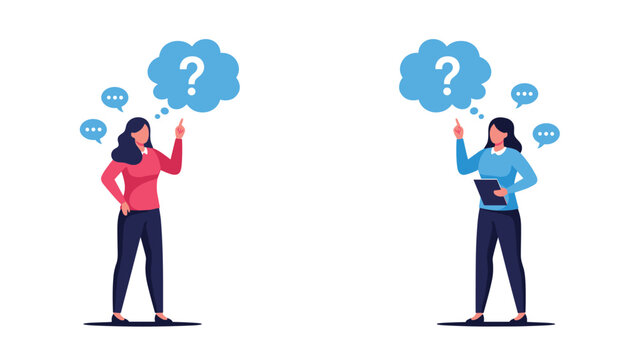 Two women standing and thinking with question marks in speech bubbles above their heads, representing problem solving and curiosity.