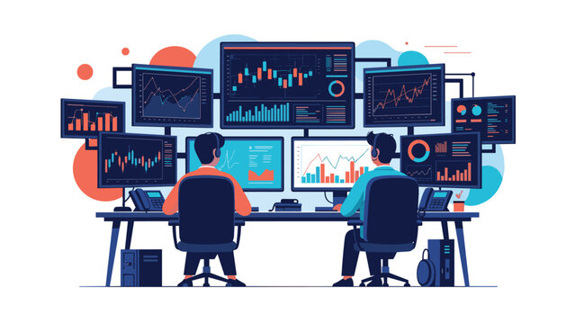 Financial traders analyzing multiple computer screens with stock market charts and data visualizations in a modern office control center.
