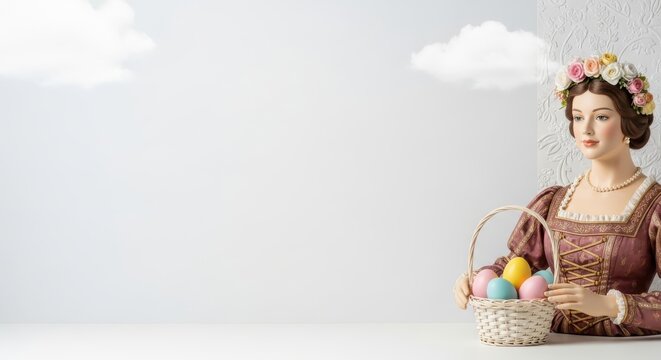 Easter Renaissance Woman with Eggs and Basket, Spring Background