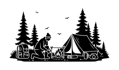 Outdoor camping silhouette camper pitching tent with campfire in forest vector isolated on white © abdul