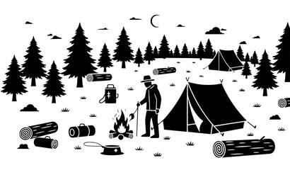 Forest camping silhouette camper lighting campfire near tent vector illustration isolated on white © abdul