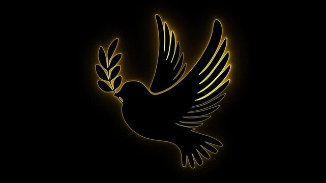 Glowing peace dove. Golden bird icon. Olive branch sign. Neon animal glow. Spiritual symbol. Freedom concept. Elegant bird art. Hope illustration. Dark background. Harmony graphics.