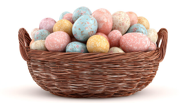 Wicker basket overflowing with patterned pastel easter eggs for holiday celebration