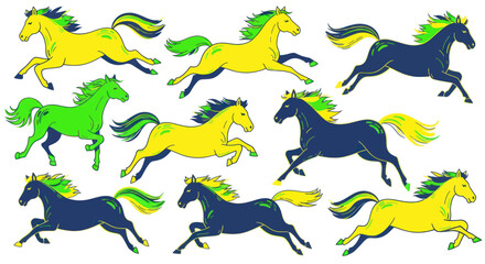 Obraz premium Colorful Horses Running Galloping Herd Dynamic Motion Graphic Illustration