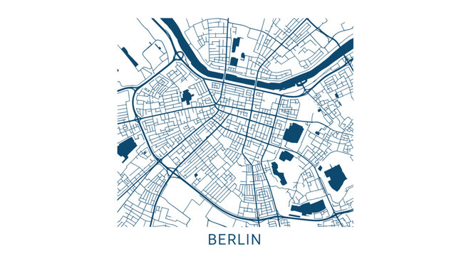 Berlin City Map Outline, Urban Street Grid, Navigation Blueprint, Blue & White