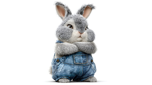 Grumpy grey bunny rabbit character wearing blue denim overalls on white background