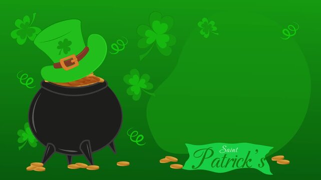 Horizontal video of Saint Patrick, green hat, pot of gold coins and shamrocks, animated illustrations. Background.