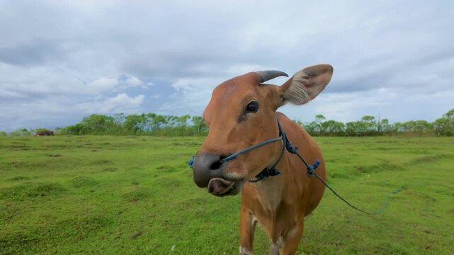 Bali cattle cow grazes on a Balinese field. It licks it's lips with its tongue. Indonesia. 