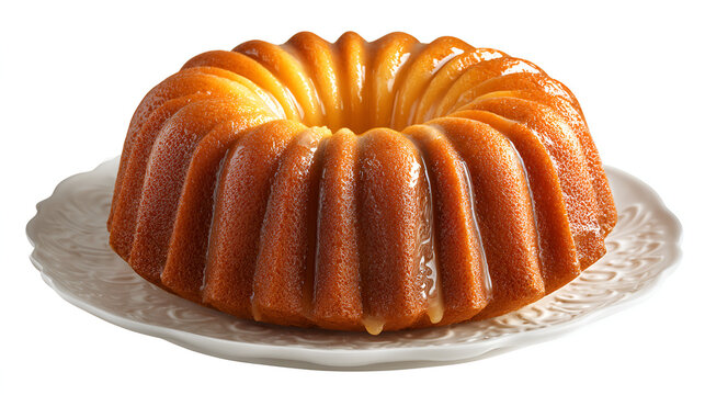 Delicious golden brown bundt cake with glaze isolated on white background for dessert concepts