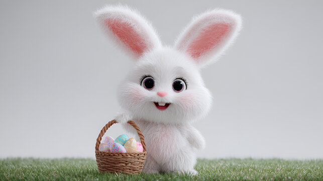 Cute white fluffy bunny rabbit holding a small basket of easter eggs on green grass