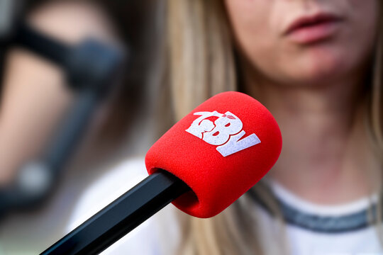 Illustration photo of a microphone with the logo of the French newspaper Boulevard Voltaire in Paris, France, on March 8, 2026. Concept of media, journalism and news broadcasting.
