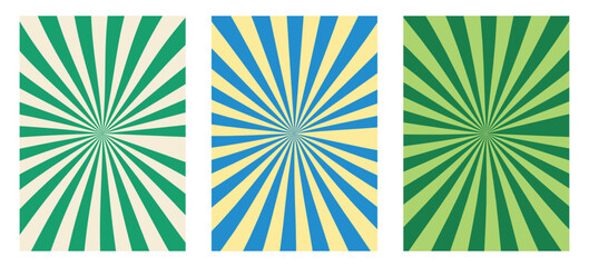 Vintage radial ray backgrounds. Retro comic book sunburst set. Flat vector circus poster templates. Decorative green and blue striped sun backdrop. EPS graphic element.  © MH HASIB