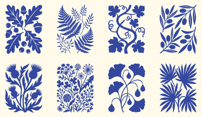 Blue botanical linocut motif set. Oak, fern, grapevine, olive, thistle, dandelion, ginkgo and palm leaves. Vintage folk art stamp style on beige. Vector isolated illustration collection.  © MH HASIB