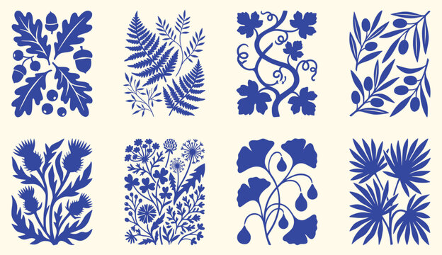 Blue botanical linocut motif set. Oak, fern, grapevine, olive, thistle, dandelion, ginkgo and palm leaves. Vintage folk art stamp style on beige. Vector isolated illustration collection. 