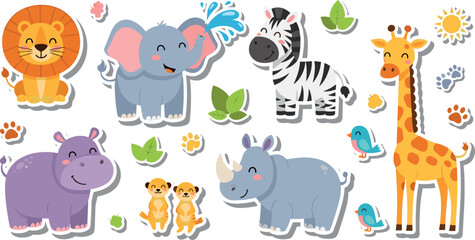 Cute African safari animals stickers vector set with lion, elephant, giraffe, zebra, hippo, rhino and birds cartoon illustration © Lunavera art