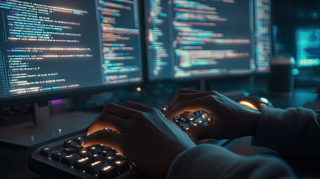 Timelapse of people working in a busy office concept. Hands typing code on keyboard in front of dual computer screens.