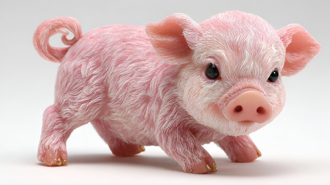 Cute pink fluffy piglet character standing on a white background for farm animal concepts