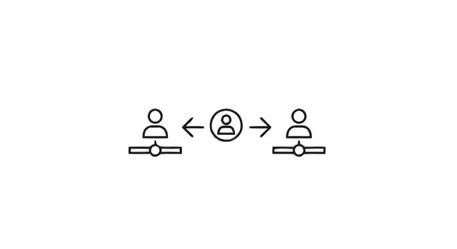 Two people connected through a central network icon.