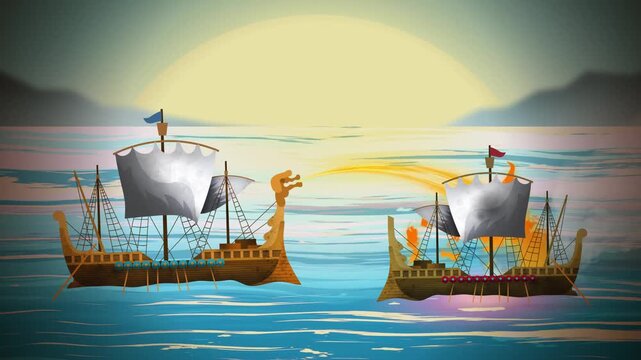 ancient trireme launching greek fire against enemy ship