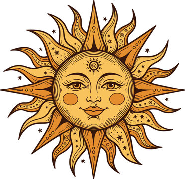 Vintage boho sun face illustration with celestial rays and mystical elements, decorative astrology symbol vector isolated design