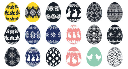 Fototapeta premium Decorative Easter Eggs Collection: Festive Patterns, Bunnies, Chickens, and Flowers