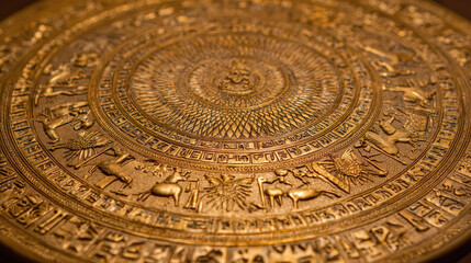 Naklejka premium Majestic stairway to heaven with angelic figures concept. Intricate golden decorative plate showcasing ancient symbols.