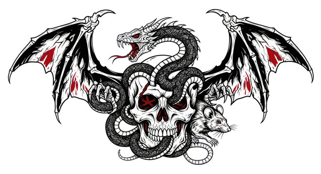 Dragon, Snake, Skull, Rat and Wings Illustration - Dark Fantasy Art