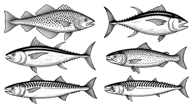 Collection of Six Hand-Drawn Fish Illustrations: Cod, Tuna, Mackerel, Salmon