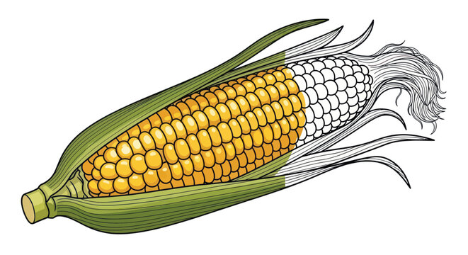 Fresh Sweet Corn Cob with Green Husk and Yellow Kernels Isolated on White Background