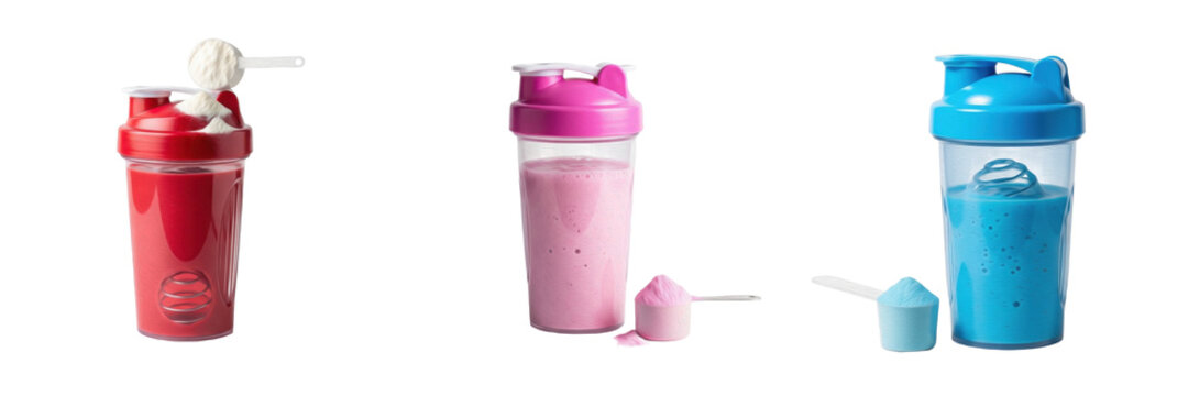 Fitness protein shaker bottles with powder scoops isolated on white