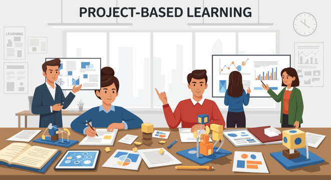 Students collaborating on project-based learning in a classroom with charts and models