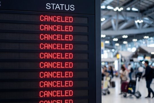 Airport flight information board showing multiple canceled flights