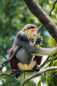 Red-shanked Douc Langur monkey eating leaves in tree