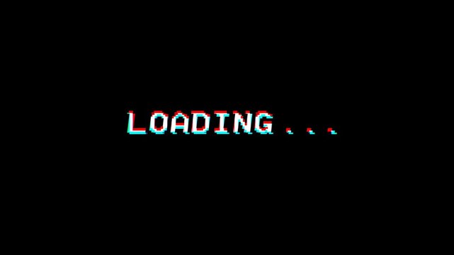 Loading glitch video game screen isolated on alpha channel transparent background. Loading text animation with glitch effect. Cyberpunk loading text with RGB distortion effect. 