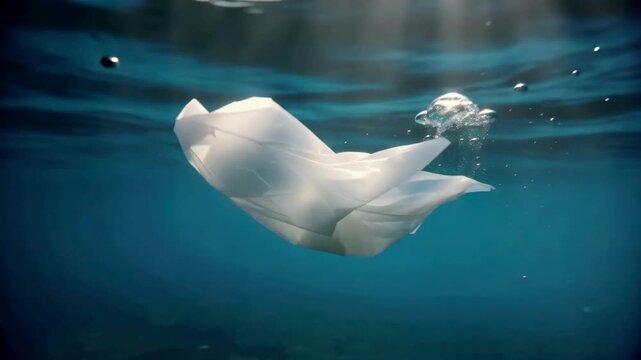A single white plastic bag floating underwater in the ocean.