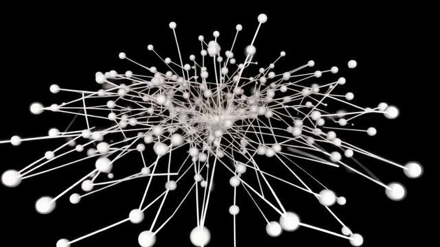 Abstract 3D animation showing a complex web of interconnected white nodes and lines expanding in a dark space, representing digital connectivity, data flow, and networking.