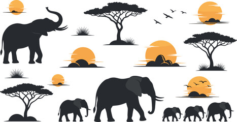 African elephant family silhouettes with acacia trees and sunset landscape vector collection, wildlife safari animals in savanna illustration set © Lunavera art