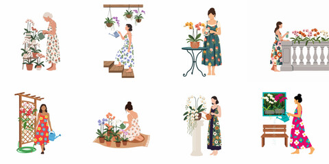 Naklejka premium Collection of illustrations featuring women in floral dresses watering and caring for various orchid plants in different settings, flat vector style.