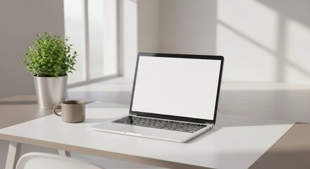 Fototapeta premium Open laptop with blank white screen on minimalist white desk with small green plant, soft daylight and clean modern workspace creating mockup and product display concept.