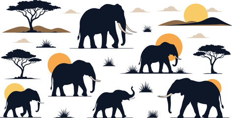African elephant silhouettes in savanna landscape vector set with acacia trees, sunset sun, wildlife safari animals isolated illustration © Lunavera art