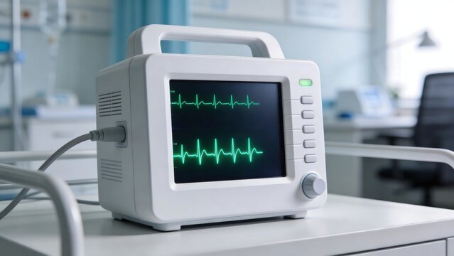 Medical heart rate monitor displaying ECG pulse traces in a modern hospital ward, patient life support equipment, 3D rendering
