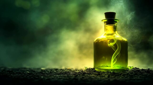 Green potion bottle with swirling smoke on ground